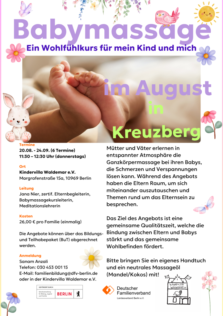 Babymassage im August. Ganzkörpermassage für Babys in entspannter Atmosphäre, mit Zeit zum Austausch unter Eltern. Bitte ein Handtuch und ein neutrales Massageöl (Mandel/Kokos) mitbringen.